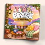 Tiny Peace Coloring Book by Ketusi featuring a cozy lakeside balcony scene at sunset