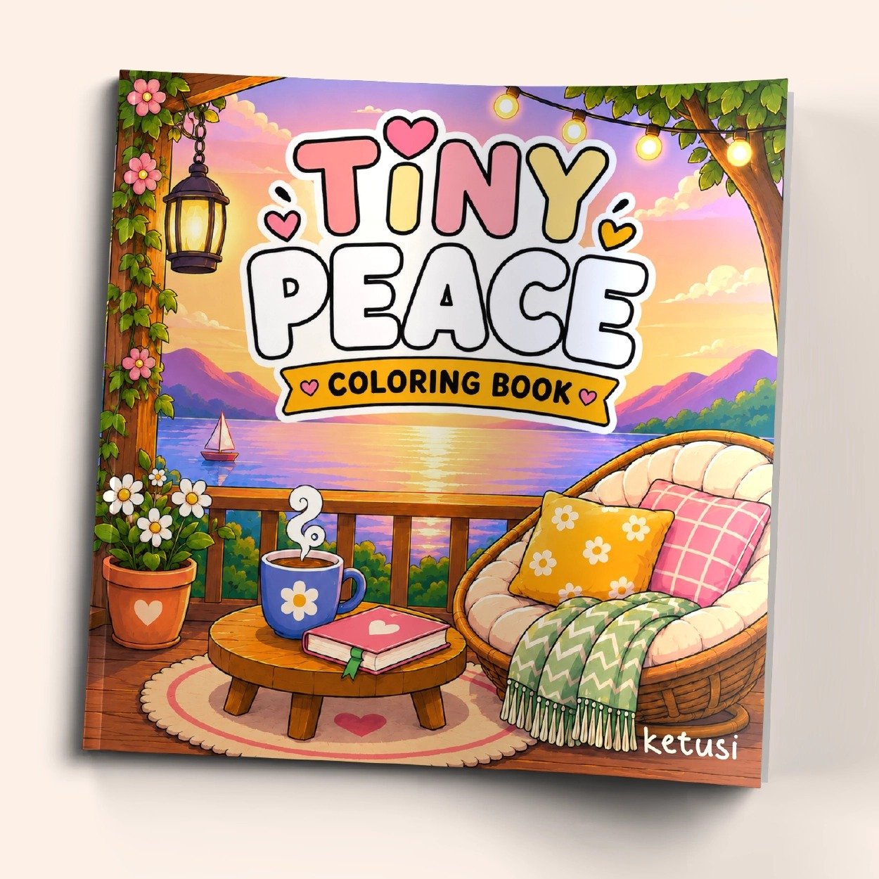Tiny Peace Tiny Peace Coloring Book by Ketusi featuring a cozy lakeside balcony scene at sunset