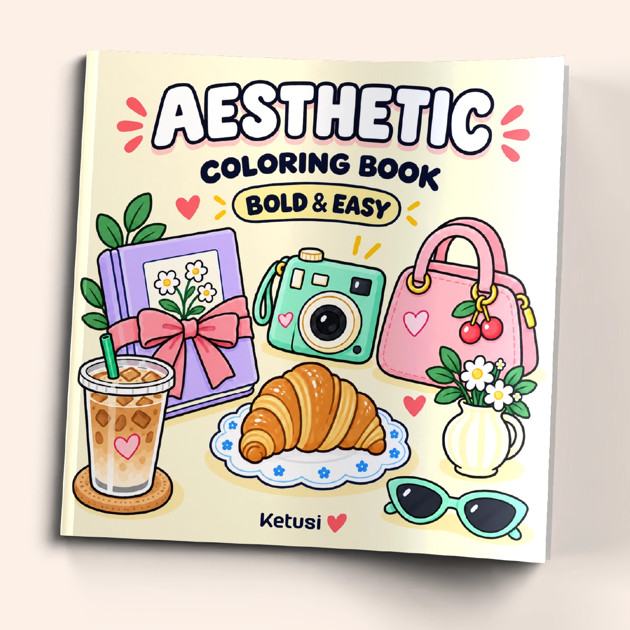 Aesthetic Coloring Book – Ketusi Aesthetic Coloring Book by Ketusi with bold and easy colorful lifestyle objects on the cover
